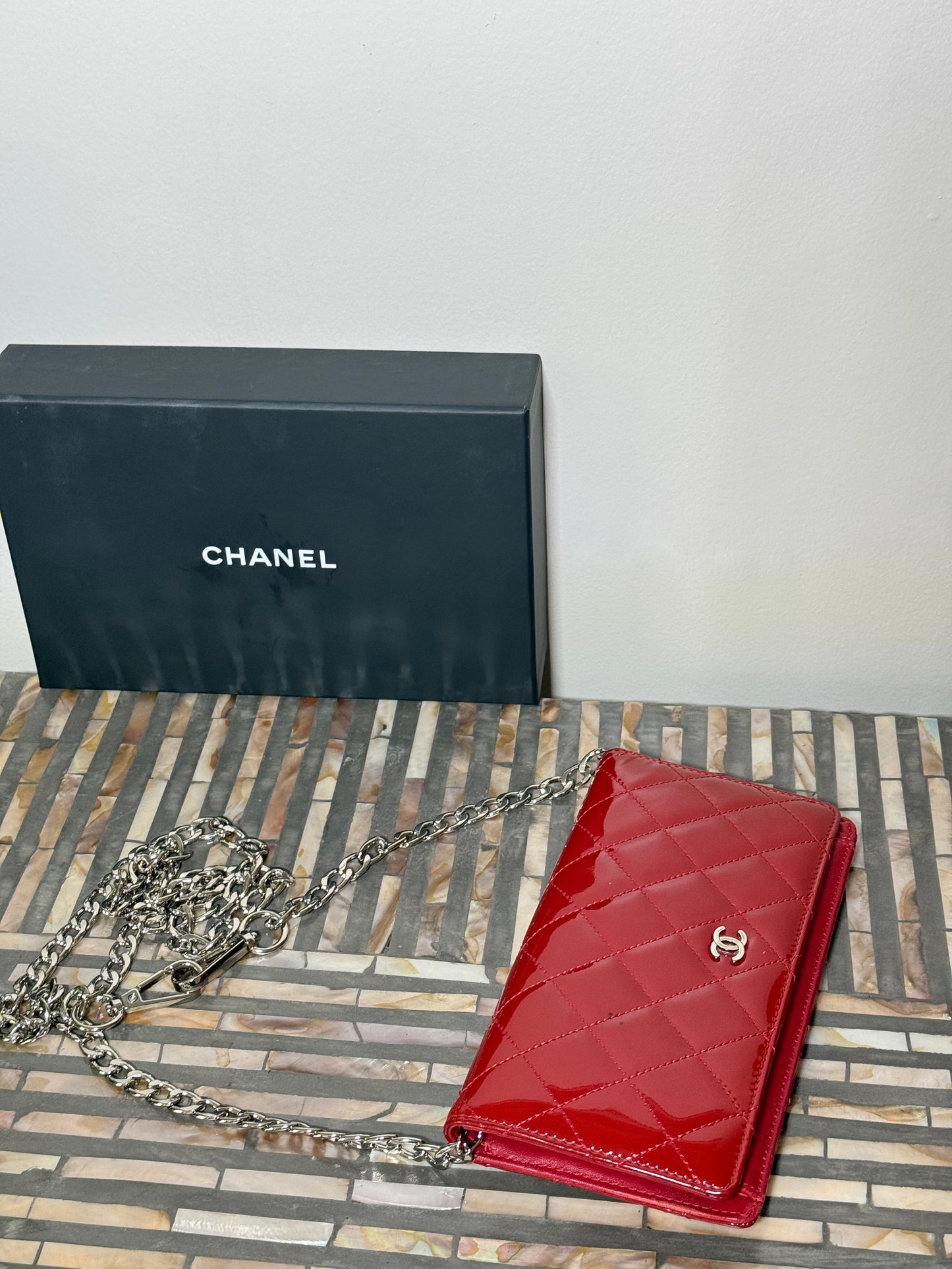 Chanel Red Matelasse Coco Bifold wallet with chain