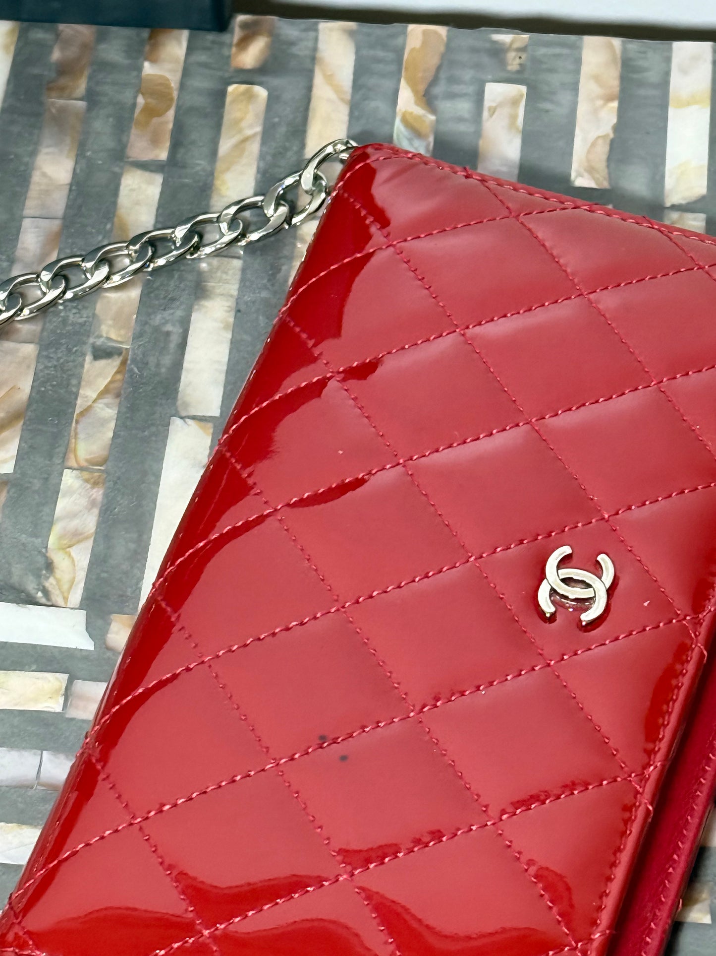 Chanel Red Matelasse Coco Bifold wallet with chain