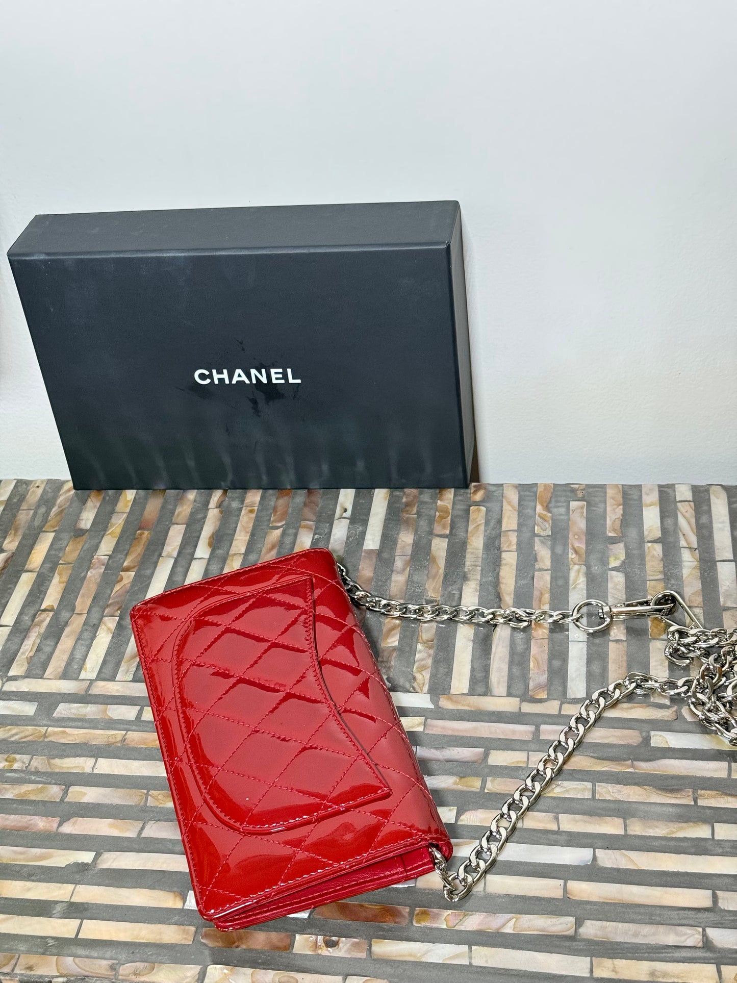 Chanel Red Matelasse Coco Bifold wallet with chain