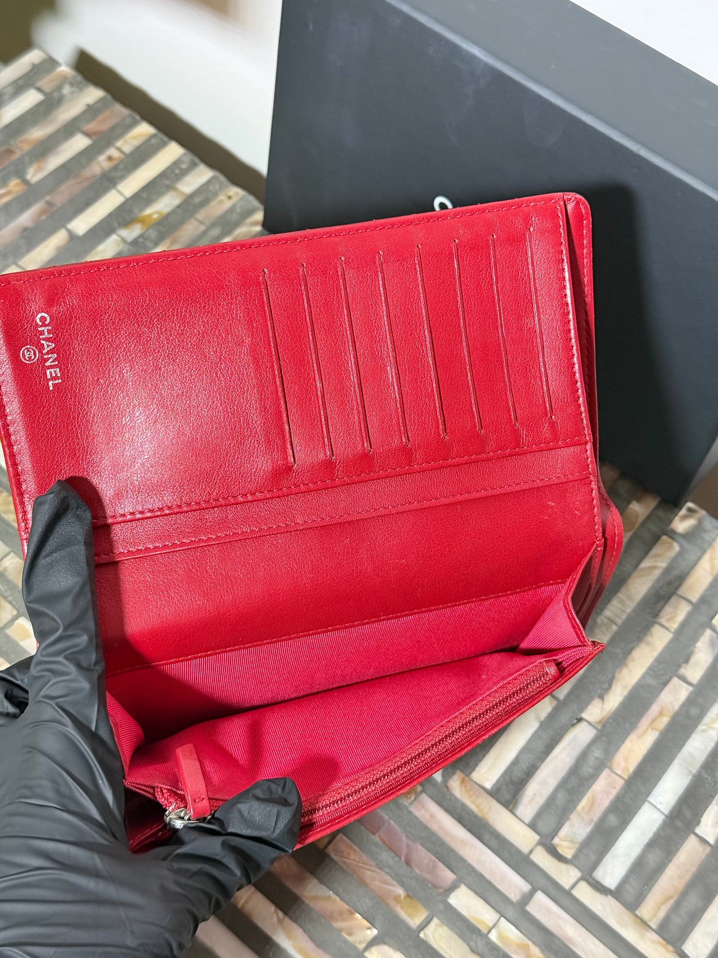 Chanel Red Matelasse Coco Bifold wallet with chain